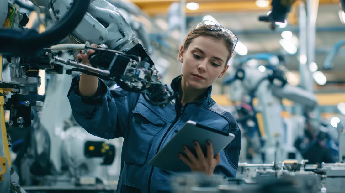 Młoda technik z tabletem pracuje przy robotach przemysłowych w hali.